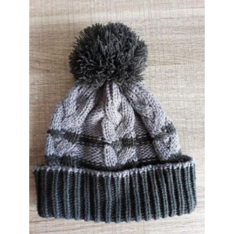 bonnet laine torsades gris/kaki pompon 8-12 ans