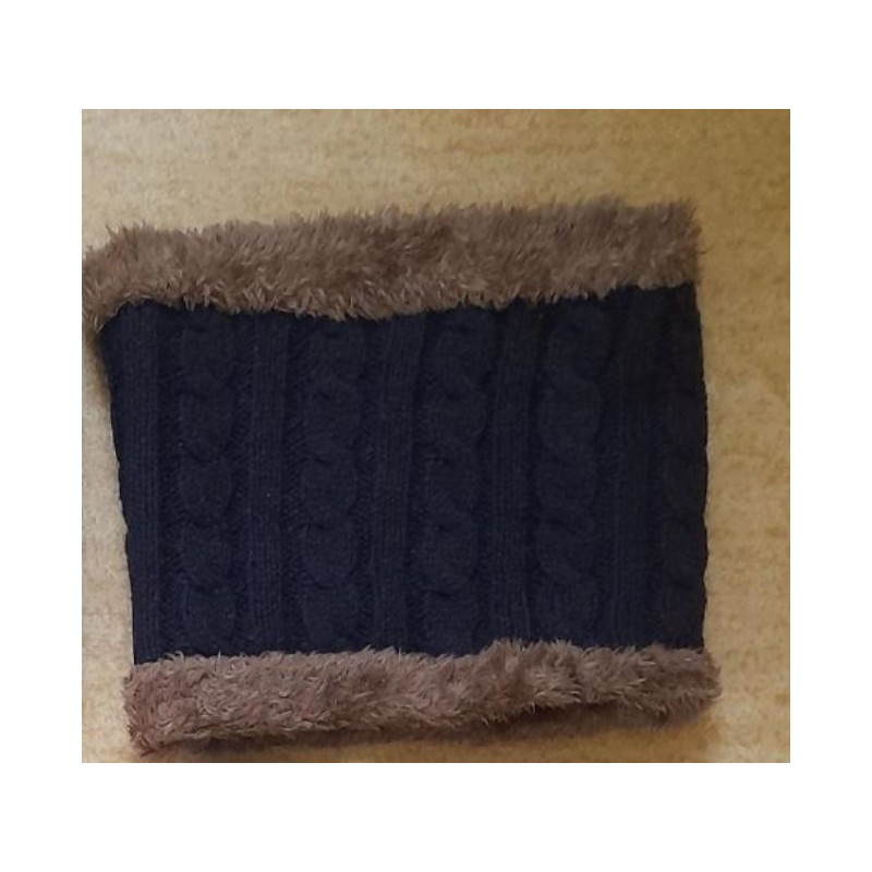 cahe cou laine torsade bleu marine doublé fourrure marron 24cm x 18 cm 