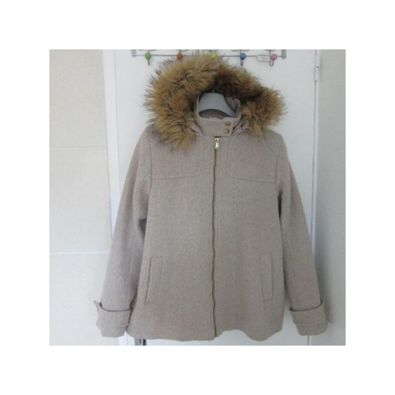 MANTEAU femme beige T.38 mi-long évasé capuche fausse fourrure amovible polyester