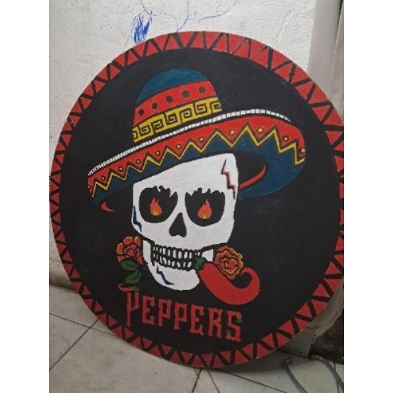 Panneau circulaire crâne squelette mexicain peppers Dias de la Muerta. 80cm diamètre