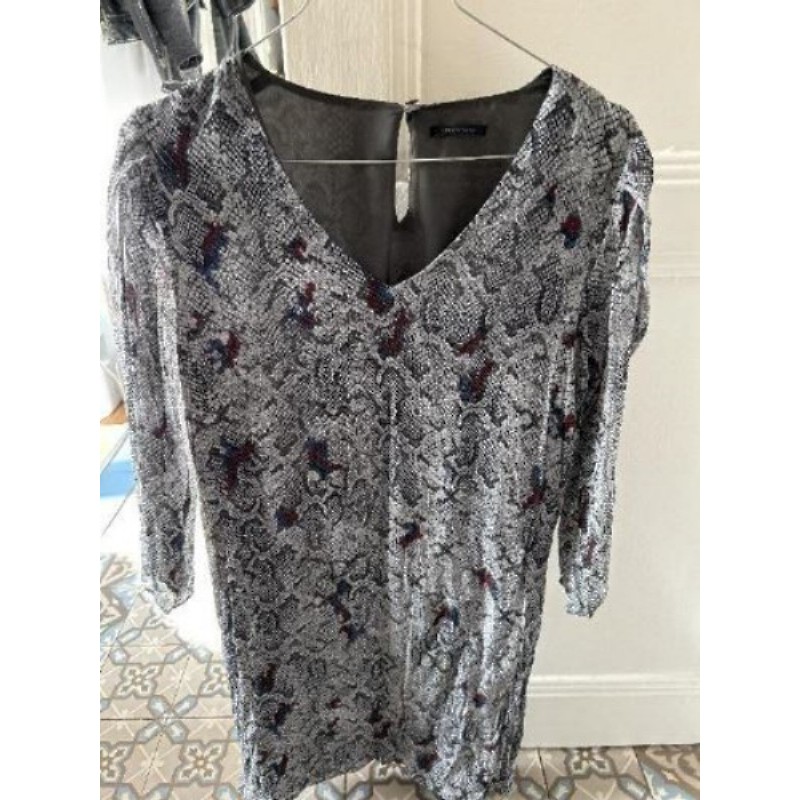 Robe soie IKKS 36 grise & bordeaux 